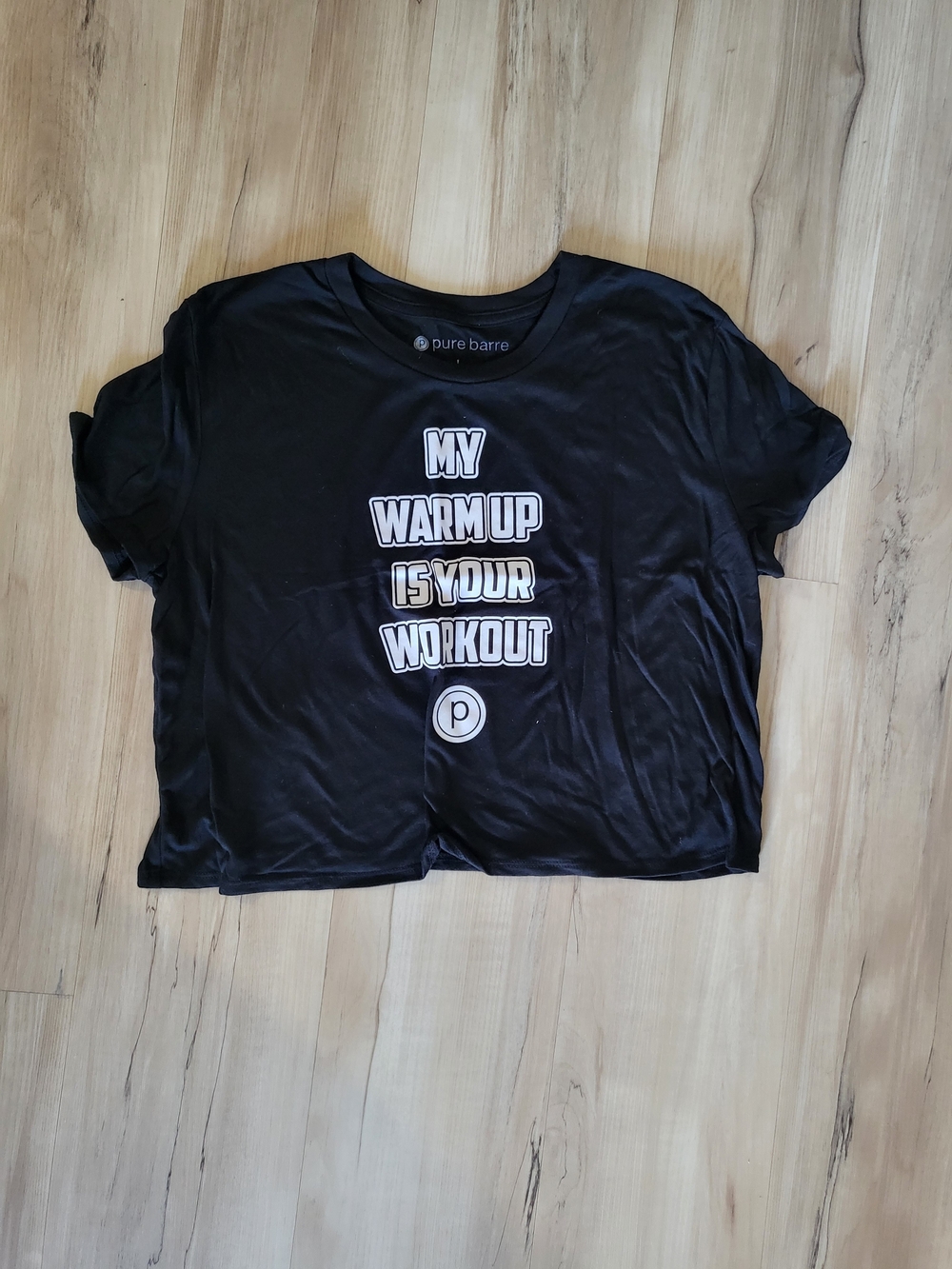 Pure Barre Black Crop Graphic Tee 'My Warmup Is Your Workout'